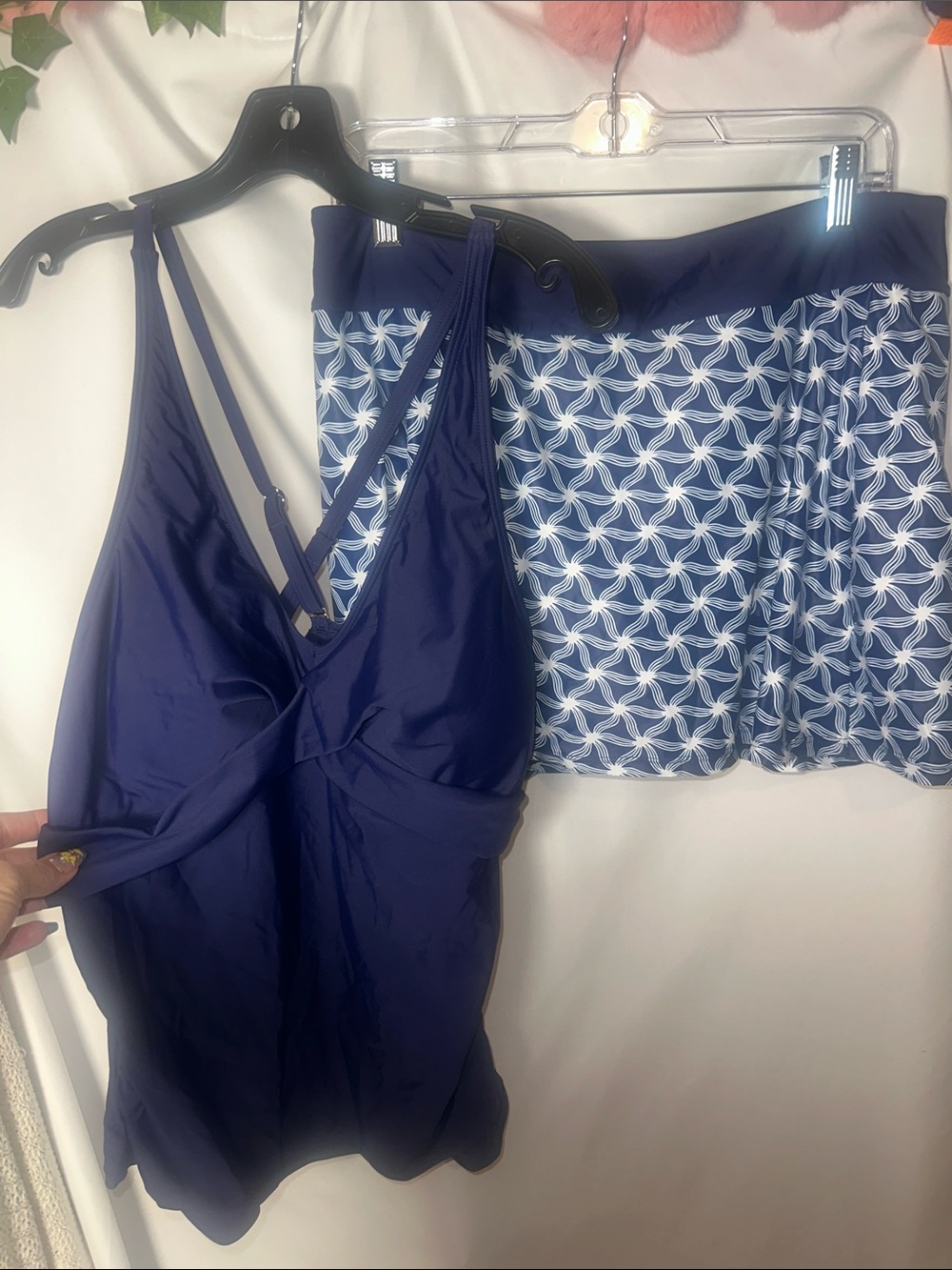 Talisea Women’s Navy Blue One-Piece Tankini with Patterned Swim Skirt